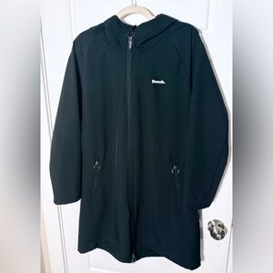 Bench Black Casual/Semi dressy long Jacket. Silver hardwear and hood. XL